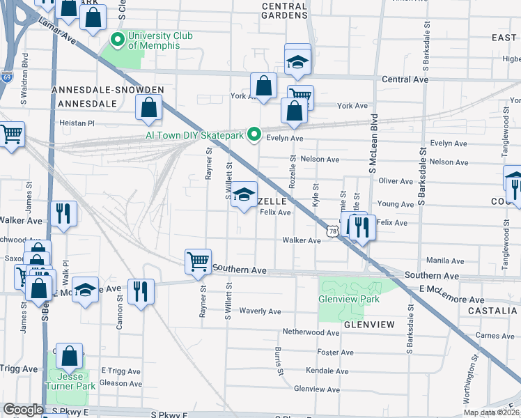 map of restaurants, bars, coffee shops, grocery stores, and more near 960 Roland Street in Memphis