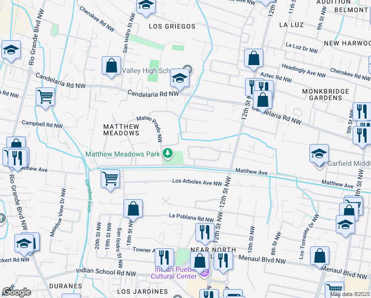 map of restaurants, bars, coffee shops, grocery stores, and more near 26 Garden Park Circle Northwest in Albuquerque