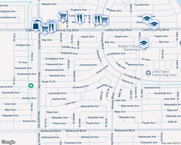 map of restaurants, bars, coffee shops, grocery stores, and more near in California City