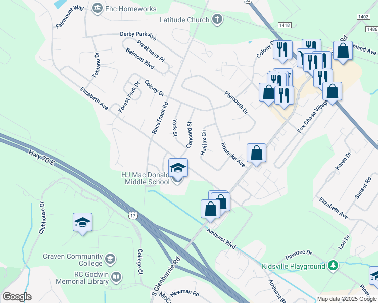 map of restaurants, bars, coffee shops, grocery stores, and more near 1604 Concord Street in New Bern