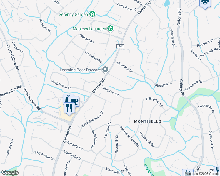 map of restaurants, bars, coffee shops, grocery stores, and more near 5712 Hillingdon Road in Charlotte
