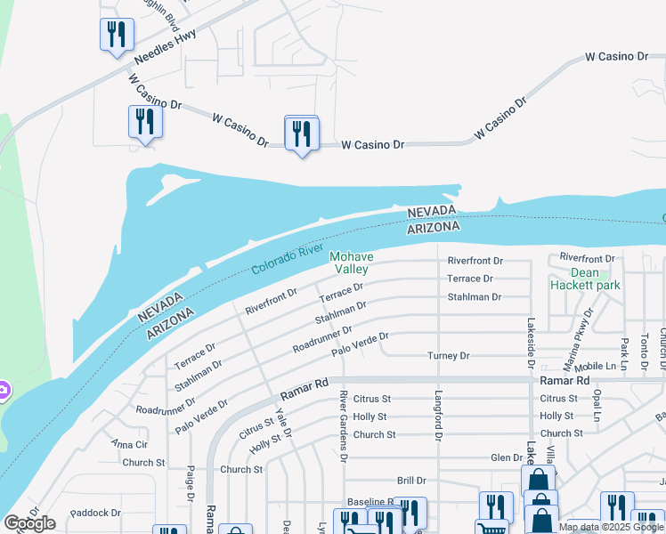 map of restaurants, bars, coffee shops, grocery stores, and more near 731 Riverfront Dr in Bullhead City