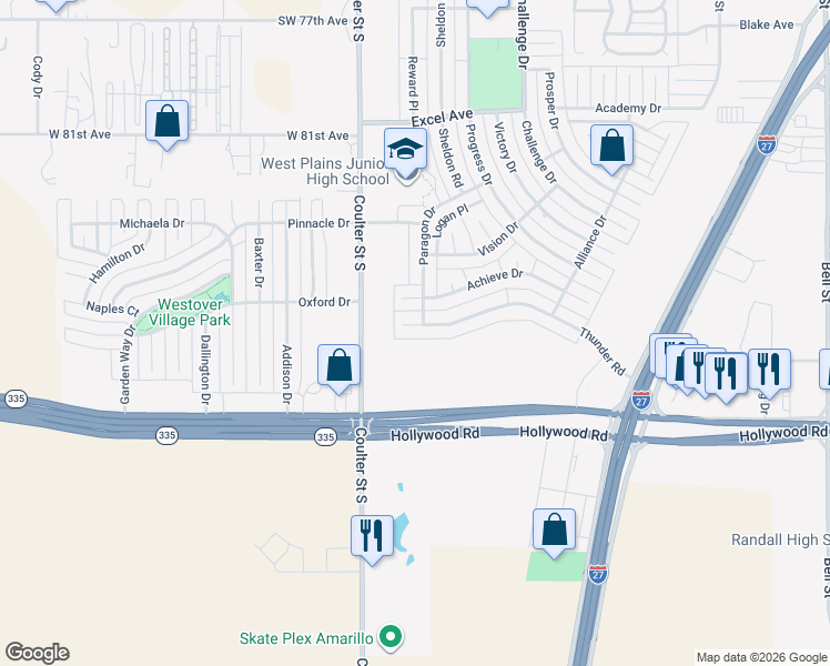 map of restaurants, bars, coffee shops, grocery stores, and more near 7001 Thunder Road in Amarillo