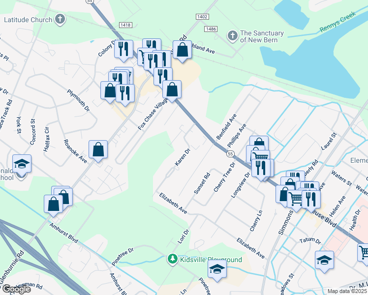 map of restaurants, bars, coffee shops, grocery stores, and more near 1101 Karen Drive in New Bern