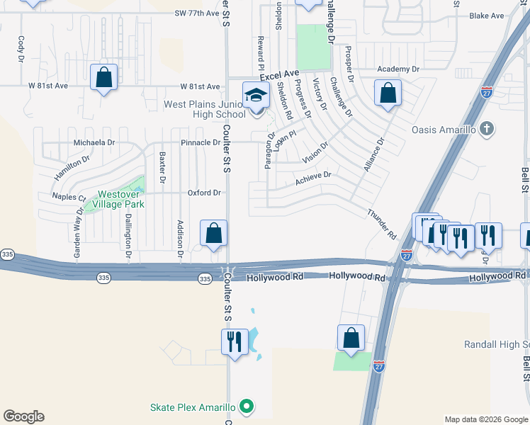 map of restaurants, bars, coffee shops, grocery stores, and more near 7001 Thunder Rd in Amarillo