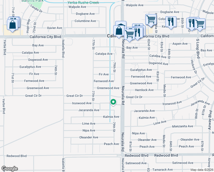 map of restaurants, bars, coffee shops, grocery stores, and more near 7851 Greenwood Avenue in California City