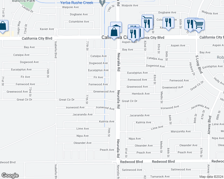 map of restaurants, bars, coffee shops, grocery stores, and more near 7933 Greenwood Avenue in California City