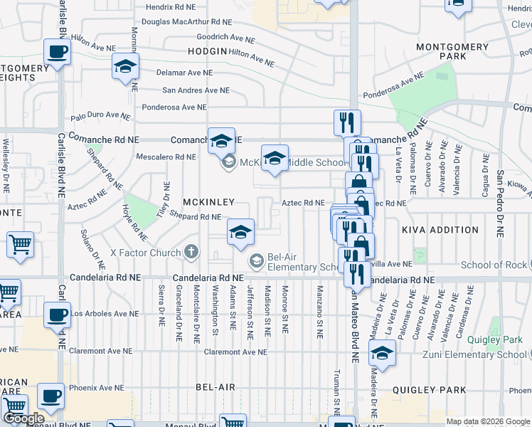 map of restaurants, bars, coffee shops, grocery stores, and more near 3301 Monroe Street Northeast in Albuquerque
