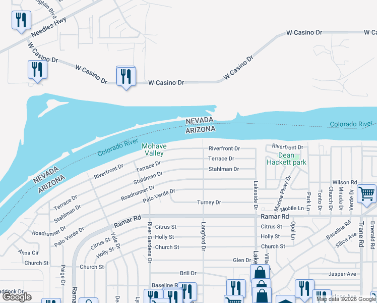 map of restaurants, bars, coffee shops, grocery stores, and more near 867 Terrace Drive in Bullhead City