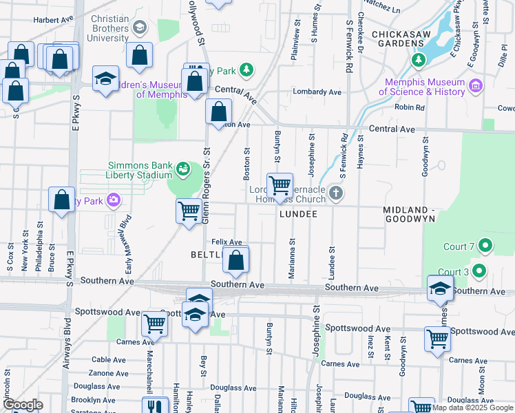 map of restaurants, bars, coffee shops, grocery stores, and more near 2663 Midland Avenue in Memphis