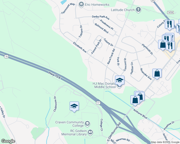 map of restaurants, bars, coffee shops, grocery stores, and more near 228 Forest Park Drive in New Bern