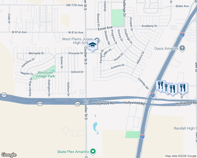 map of restaurants, bars, coffee shops, grocery stores, and more near 7001 Thunder Road in Amarillo