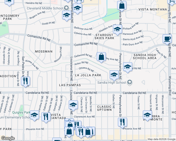 map of restaurants, bars, coffee shops, grocery stores, and more near 7033 Kiowa Avenue Northeast in Albuquerque
