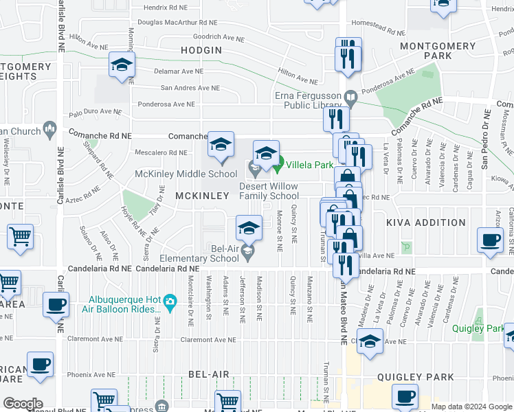 map of restaurants, bars, coffee shops, grocery stores, and more near 3301 Monroe Street Northeast in Albuquerque