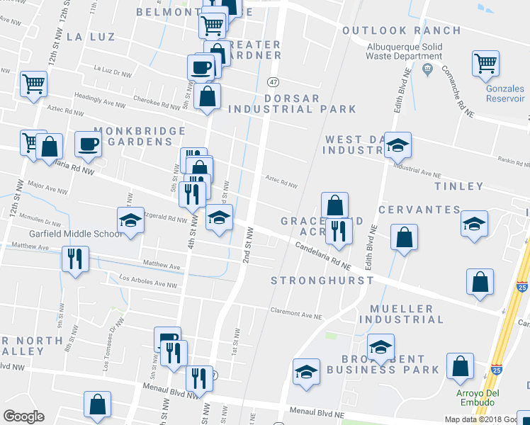 map of restaurants, bars, coffee shops, grocery stores, and more near 135 Candelaria Road Northwest in Albuquerque