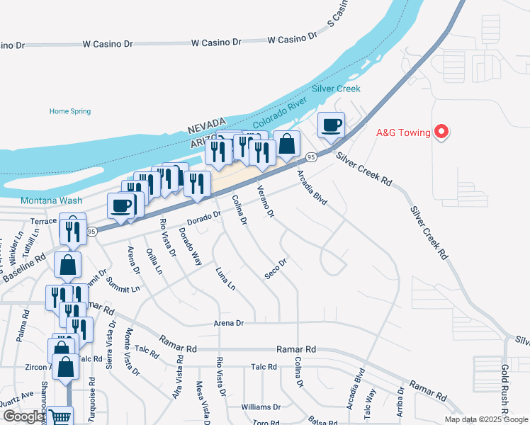 map of restaurants, bars, coffee shops, grocery stores, and more near 1465 Verano Court in Bullhead City