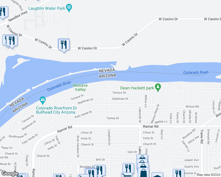 map of restaurants, bars, coffee shops, grocery stores, and more near 876 Riverfront Drive in Bullhead City