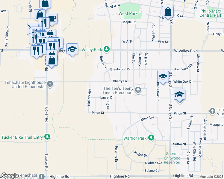 map of restaurants, bars, coffee shops, grocery stores, and more near 642 Cherry Lane in Tehachapi