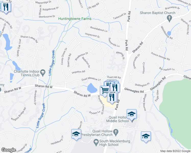 map of restaurants, bars, coffee shops, grocery stores, and more near 7237 Quail Meadow Lane in Charlotte