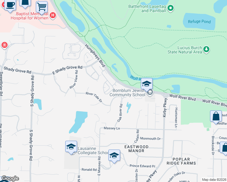 map of restaurants, bars, coffee shops, grocery stores, and more near 1065 Humphrey Oaks Circle in Memphis