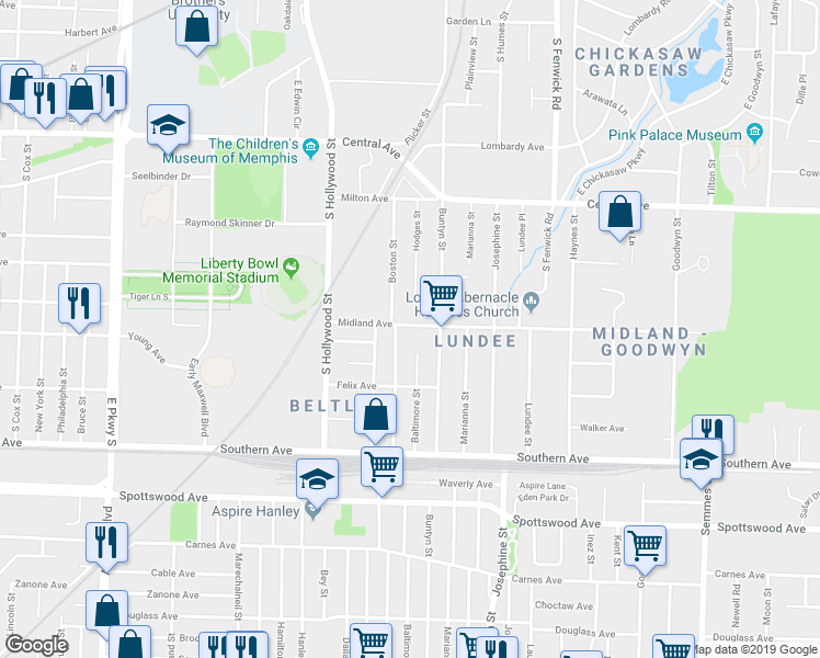 map of restaurants, bars, coffee shops, grocery stores, and more near 2663 Midland Avenue in Memphis