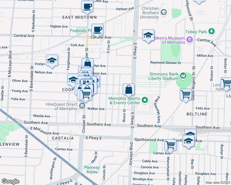 map of restaurants, bars, coffee shops, grocery stores, and more near 2259 Young Avenue in Memphis
