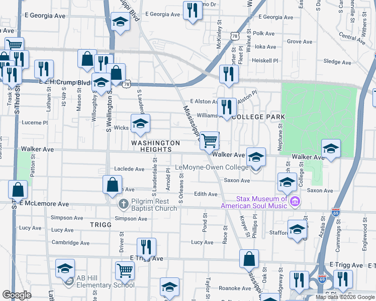 map of restaurants, bars, coffee shops, grocery stores, and more near 643 Walker Avenue in Memphis