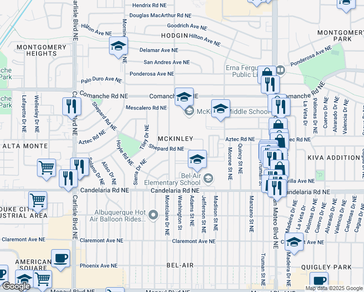 map of restaurants, bars, coffee shops, grocery stores, and more near 4425 Shepard Road Northeast in Albuquerque