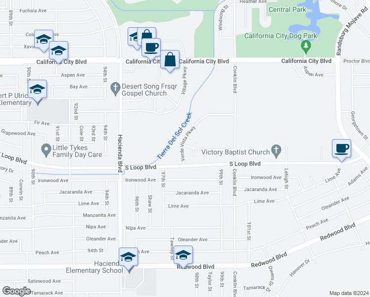 map of restaurants, bars, coffee shops, grocery stores, and more near 20562 Verde Vista Parkway in California City