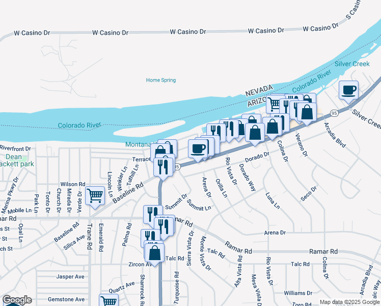 map of restaurants, bars, coffee shops, grocery stores, and more near 1479 Bryan Drive in Bullhead City