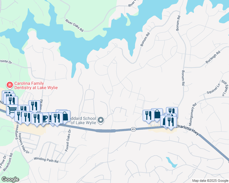 map of restaurants, bars, coffee shops, grocery stores, and more near 1714 Santa Clara Trace in Lake Wylie