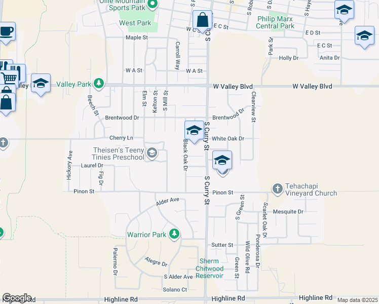 map of restaurants, bars, coffee shops, grocery stores, and more near 221 Bartlett Street in Tehachapi
