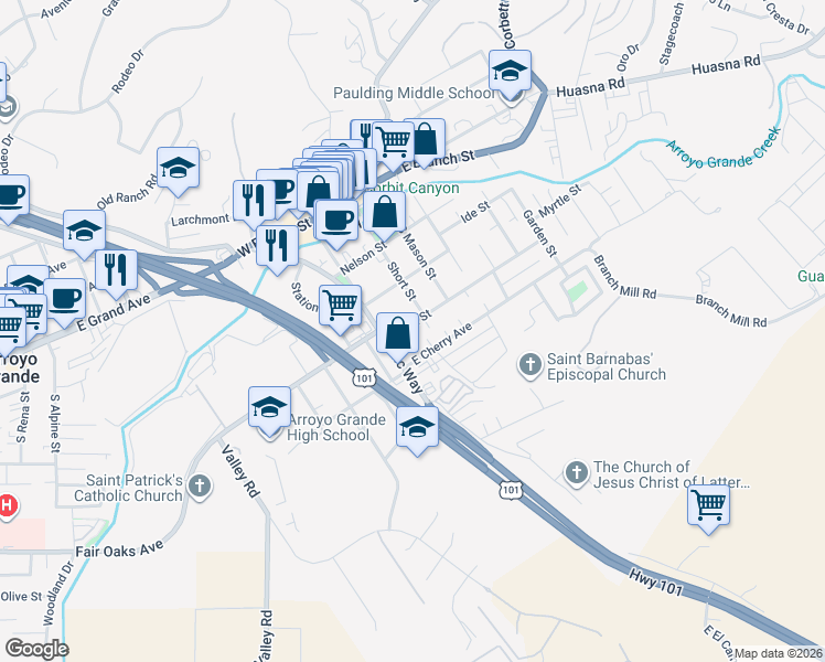 map of restaurants, bars, coffee shops, grocery stores, and more near 131 East Cherry Avenue in Arroyo Grande