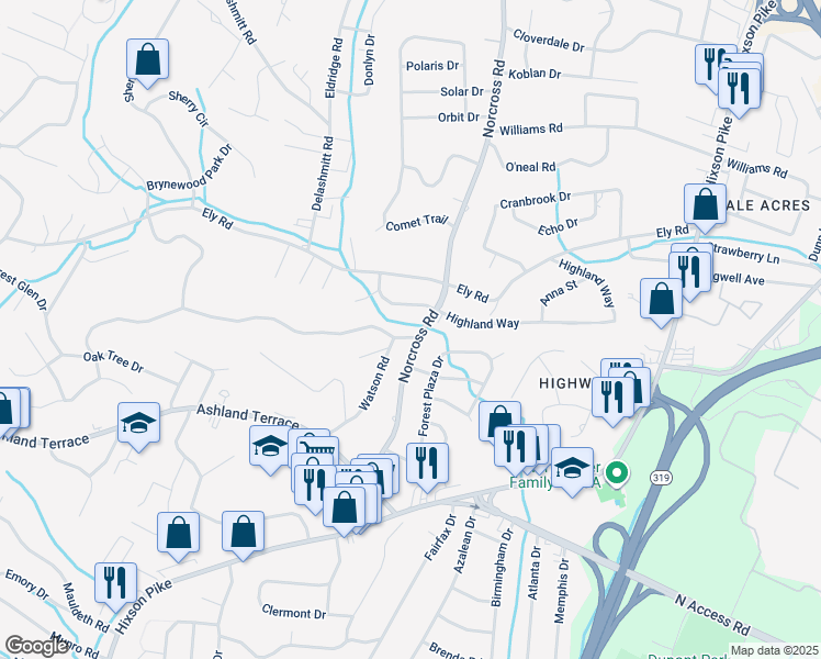 map of restaurants, bars, coffee shops, grocery stores, and more near 4209 Norcross Road in Chattanooga