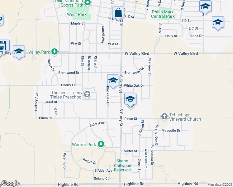 map of restaurants, bars, coffee shops, grocery stores, and more near 205 Bartlett Street in Tehachapi