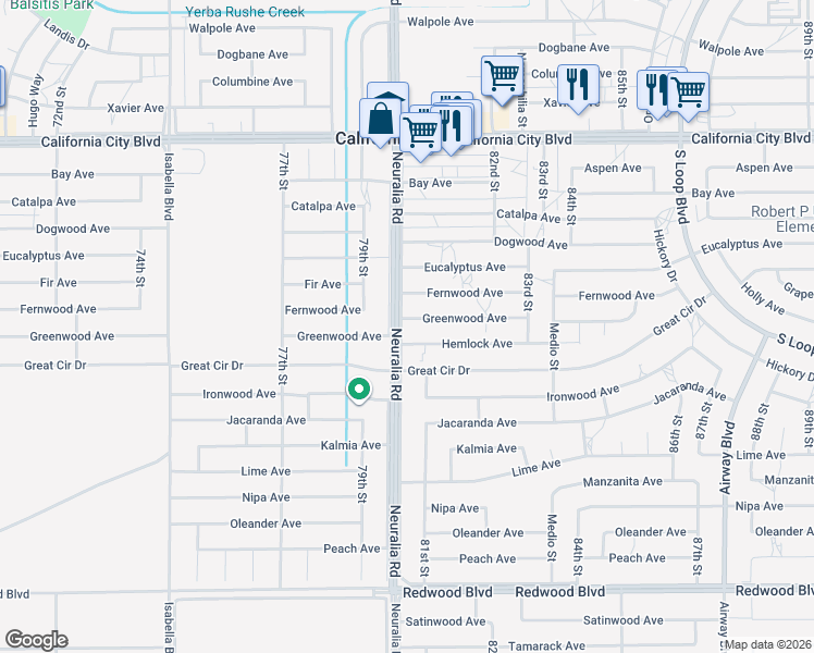 map of restaurants, bars, coffee shops, grocery stores, and more near 20548 Neuralia Road in California City