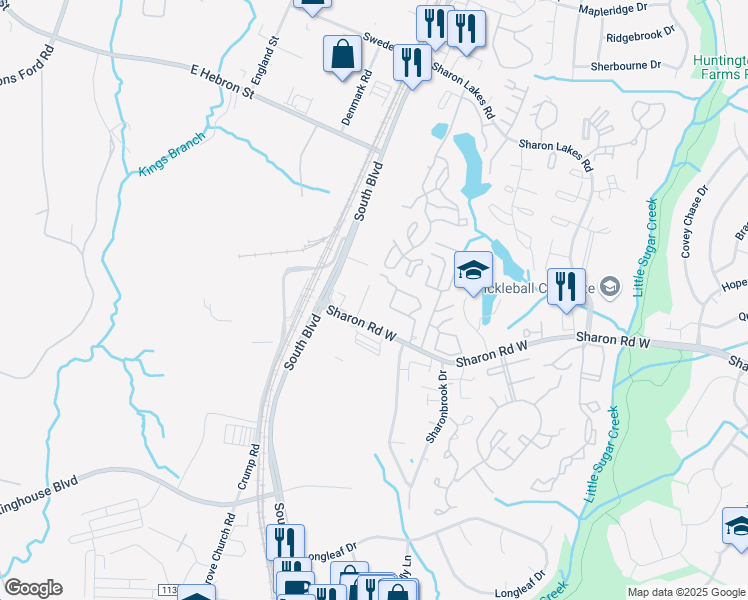 map of restaurants, bars, coffee shops, grocery stores, and more near 1357 Sharon Road West in Charlotte