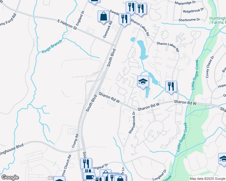 map of restaurants, bars, coffee shops, grocery stores, and more near 1357 Sharon Road West in Charlotte
