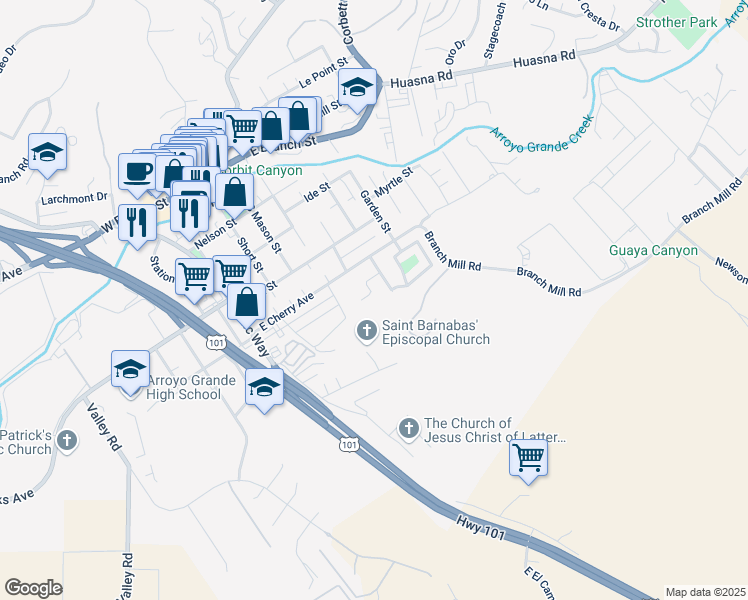 map of restaurants, bars, coffee shops, grocery stores, and more near 504 Launa Lane in Arroyo Grande