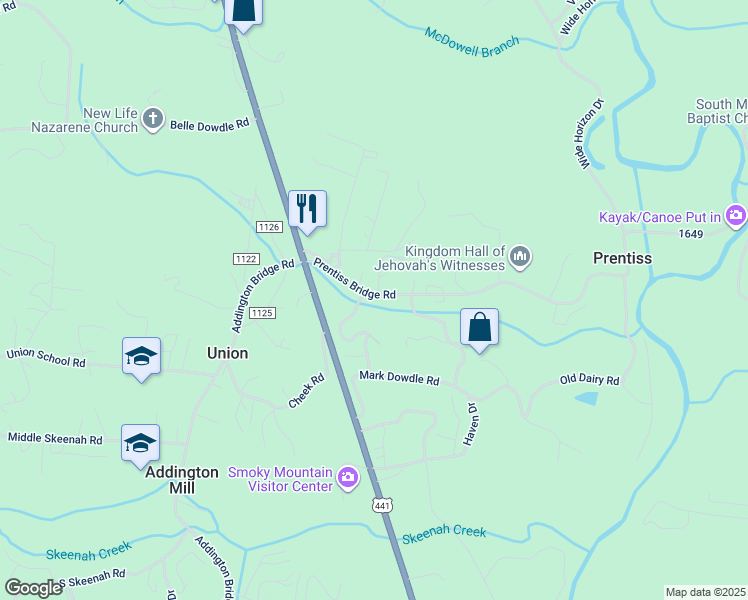 map of restaurants, bars, coffee shops, grocery stores, and more near 215 Prentiss Bridge Road in Franklin