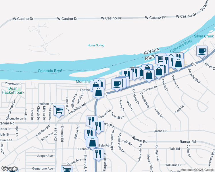 map of restaurants, bars, coffee shops, grocery stores, and more near 1436 Terrace Drive in Bullhead City