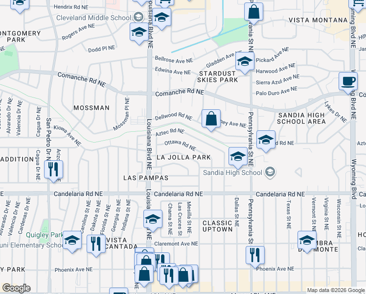 map of restaurants, bars, coffee shops, grocery stores, and more near 7033 Kiowa Avenue Northeast in Albuquerque