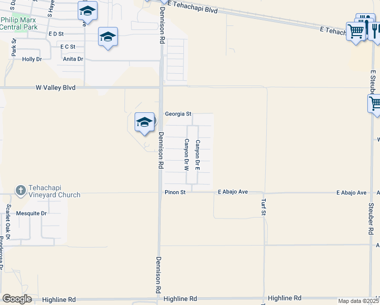 map of restaurants, bars, coffee shops, grocery stores, and more near 1016 Canyon Drive West in Tehachapi