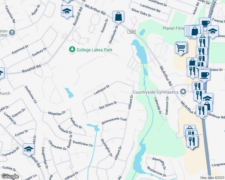 map of restaurants, bars, coffee shops, grocery stores, and more near 4493 Penhurst Court in Fayetteville
