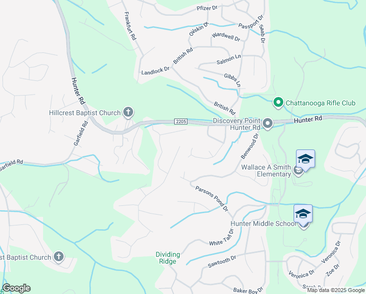map of restaurants, bars, coffee shops, grocery stores, and more near 6234 Hunter Valley Road in Ooltewah