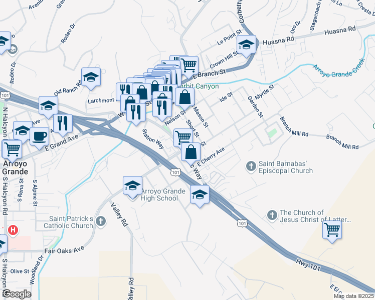map of restaurants, bars, coffee shops, grocery stores, and more near 329 Traffic Way in Arroyo Grande