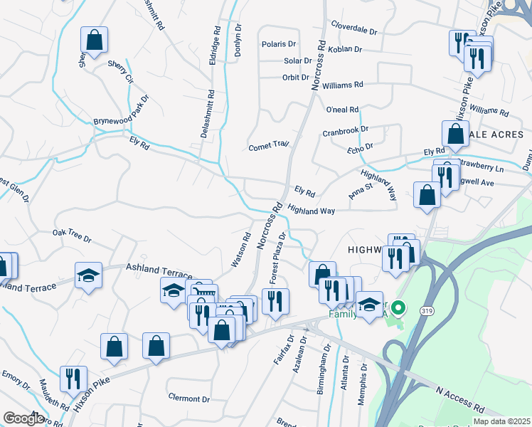 map of restaurants, bars, coffee shops, grocery stores, and more near 4209 Norcross Road in Chattanooga