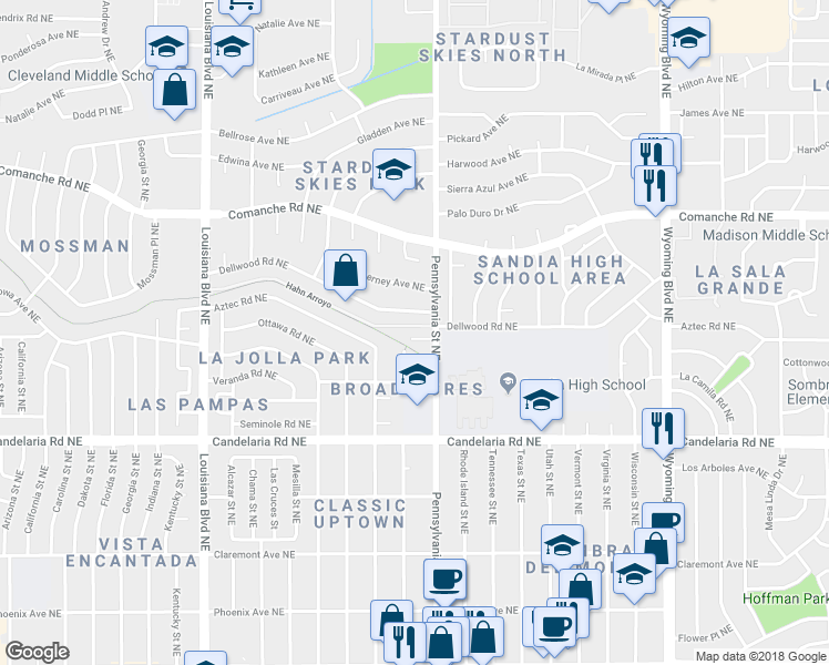 map of restaurants, bars, coffee shops, grocery stores, and more near 7514 Pennsylvania Lane Northeast in Albuquerque