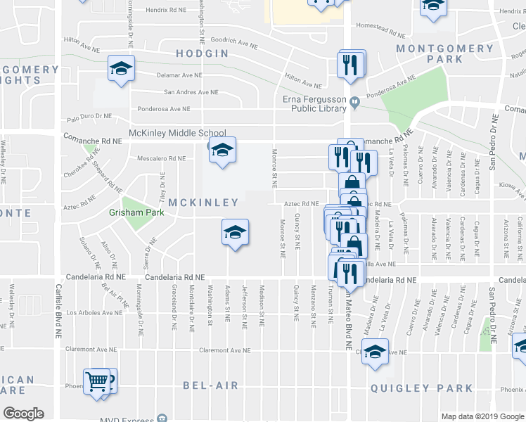 map of restaurants, bars, coffee shops, grocery stores, and more near 3301 Monroe Street Northeast in Albuquerque