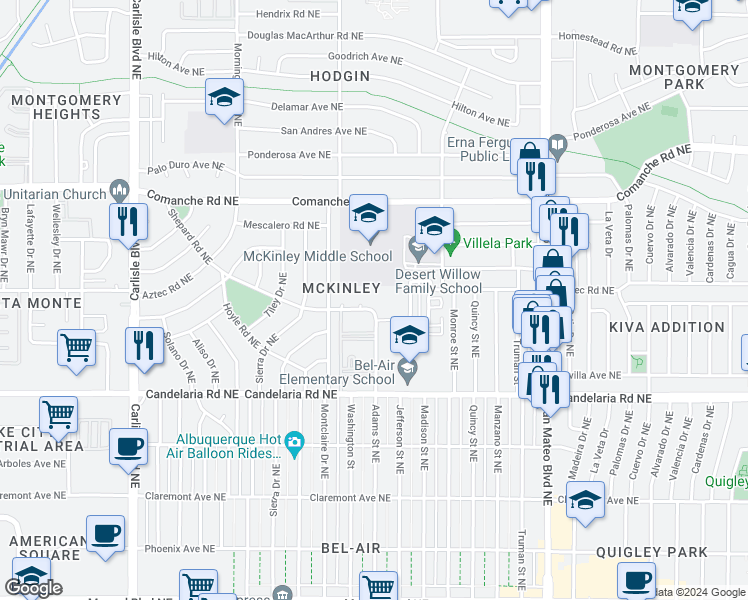 map of restaurants, bars, coffee shops, grocery stores, and more near 4425 Shepard Road Northeast in Albuquerque
